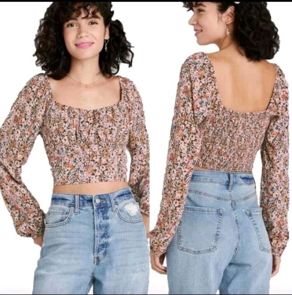 Wild Fable Long Sleeve Floral Cropped Puff Sleeve Pink And Brown Women's Size XS
